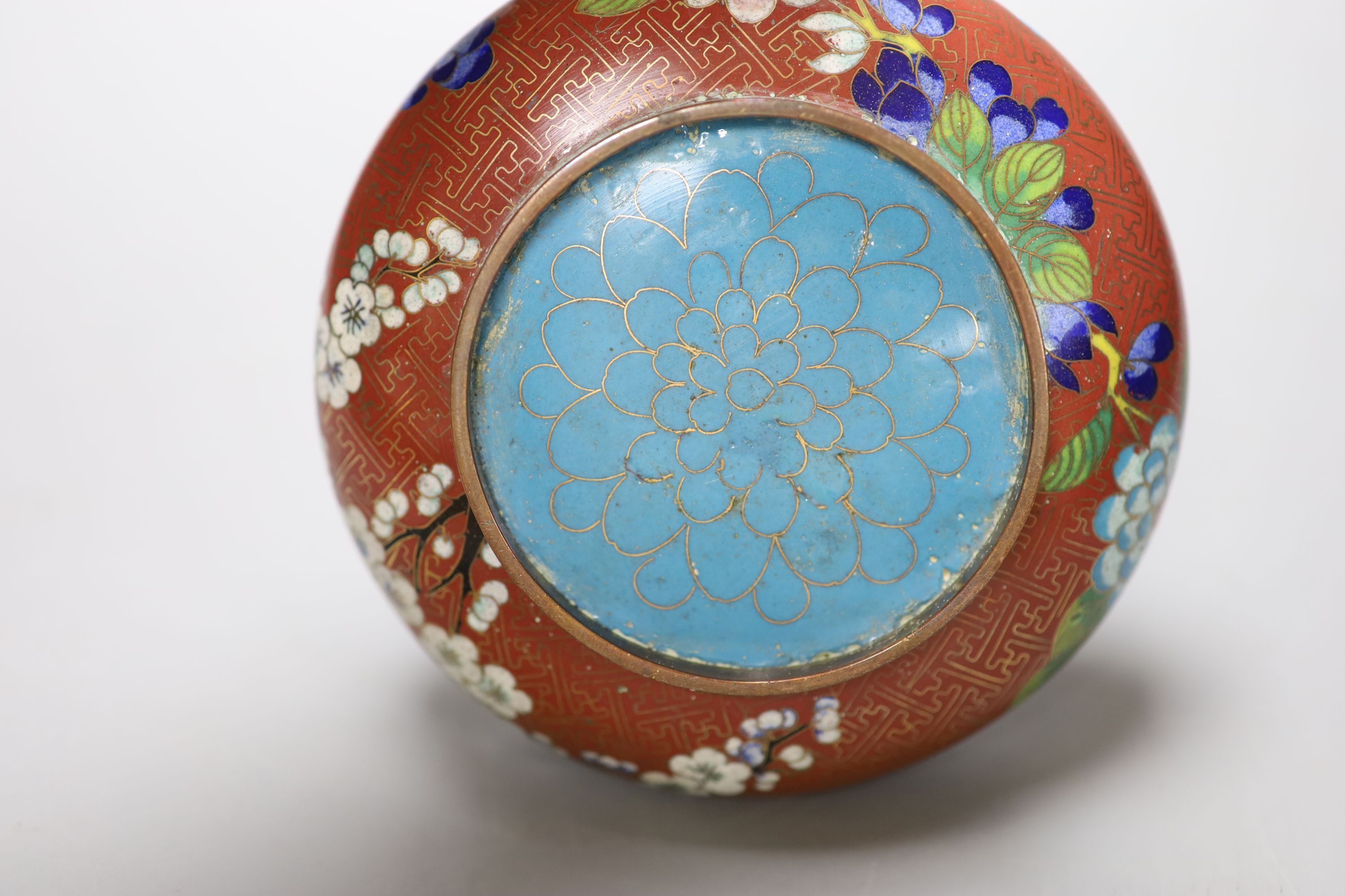 Two Chinese cloisonne enamel censers and two carved wood monkeys, largest diameter 20cm